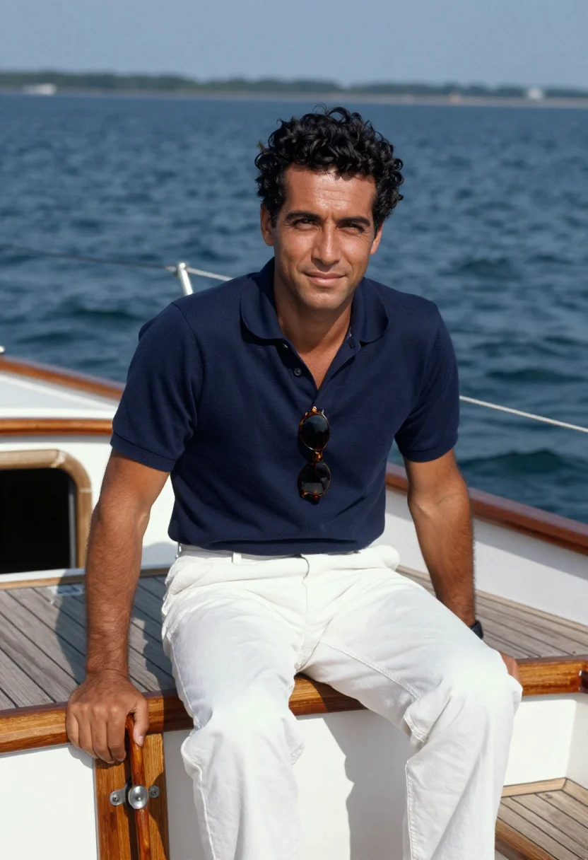 AI jfk hyannis port sailing navy white sample — portrait of a man, a Greek-American man in his mid-thirties
