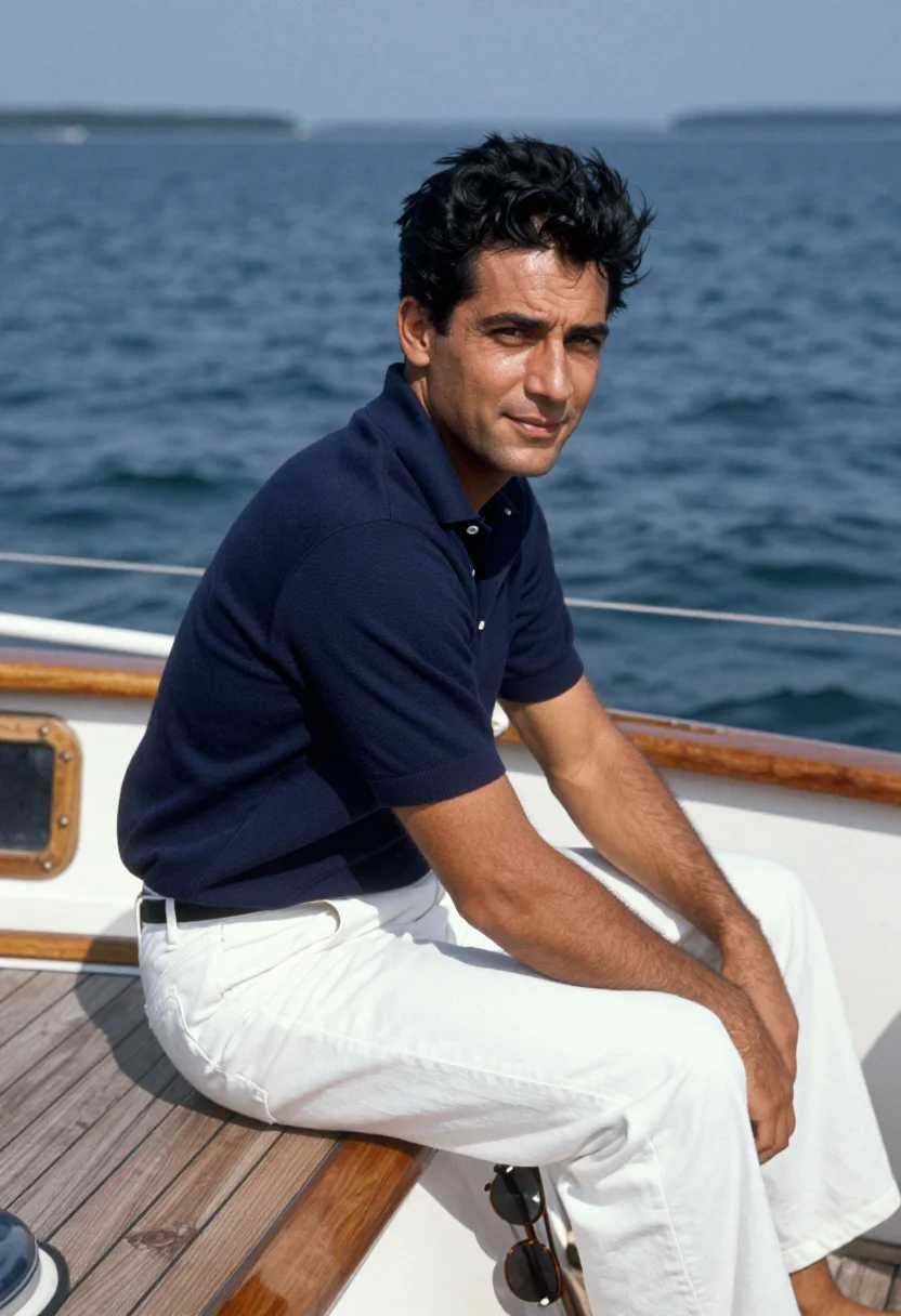AI jfk hyannis port sailing navy white sample — portrait of a man, an Italian-American man in his early fort