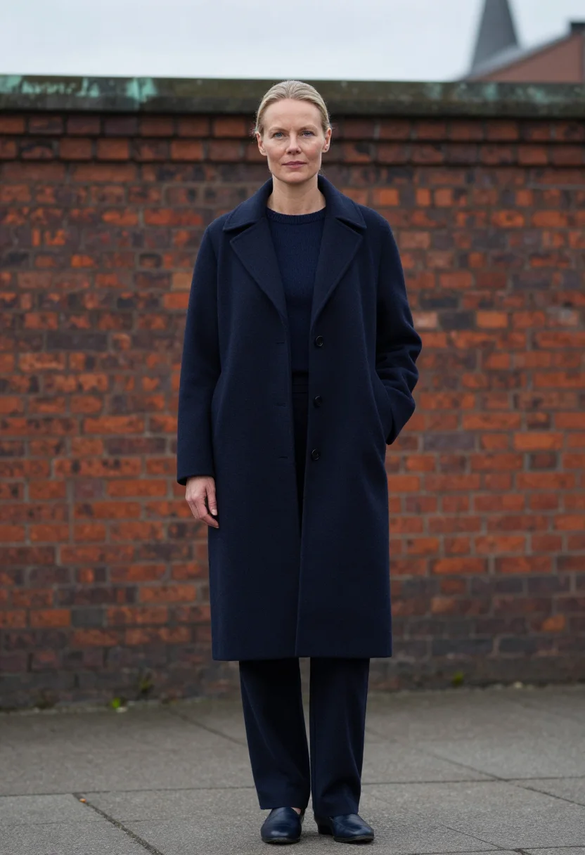 AI jil sander hamburg elbe navy wool sample — portrait of a woman, a Danish woman in her late thirties wit