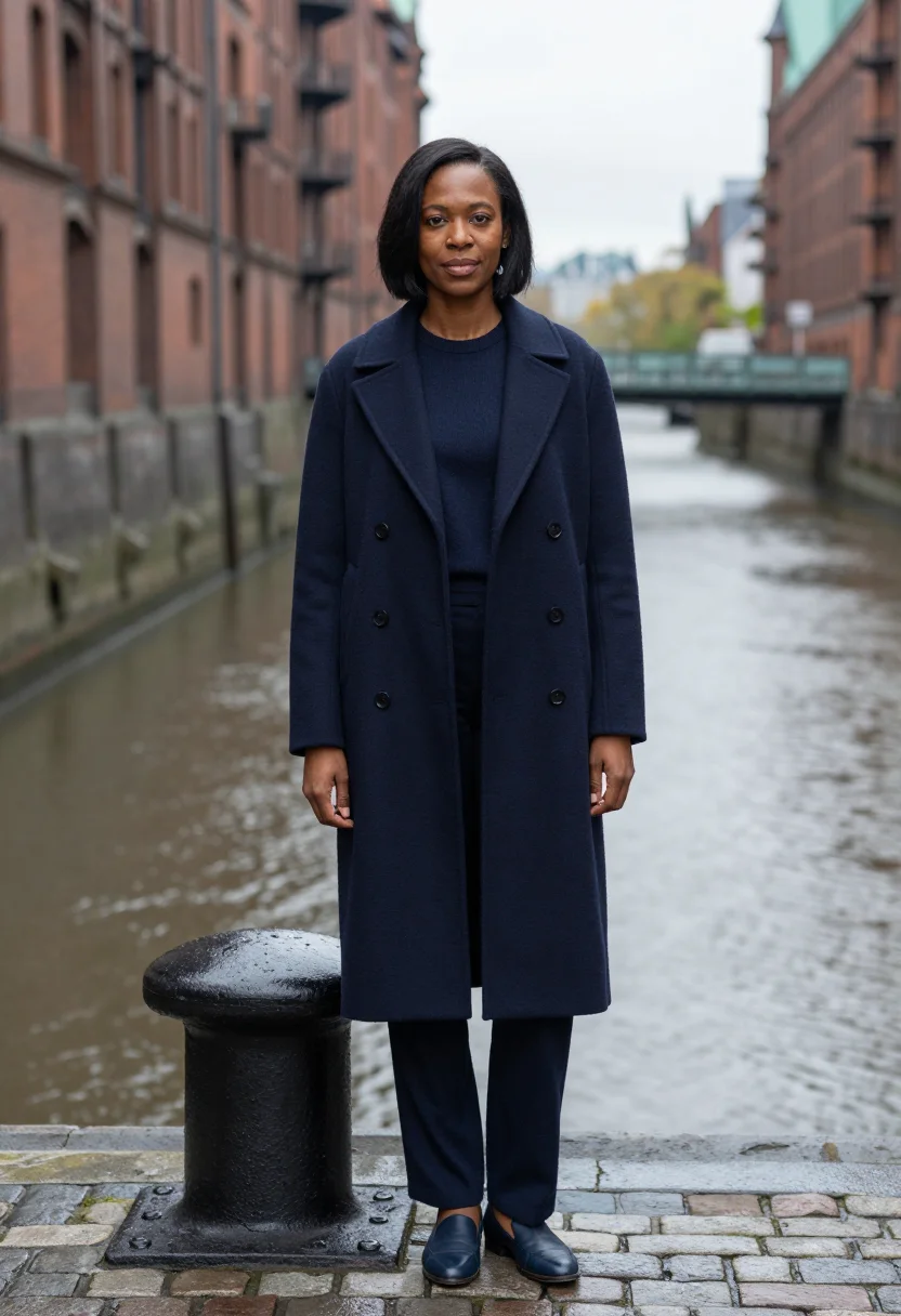 AI jil sander hamburg elbe navy wool sample — portrait of a woman, a German-Ghanaian woman in her early th