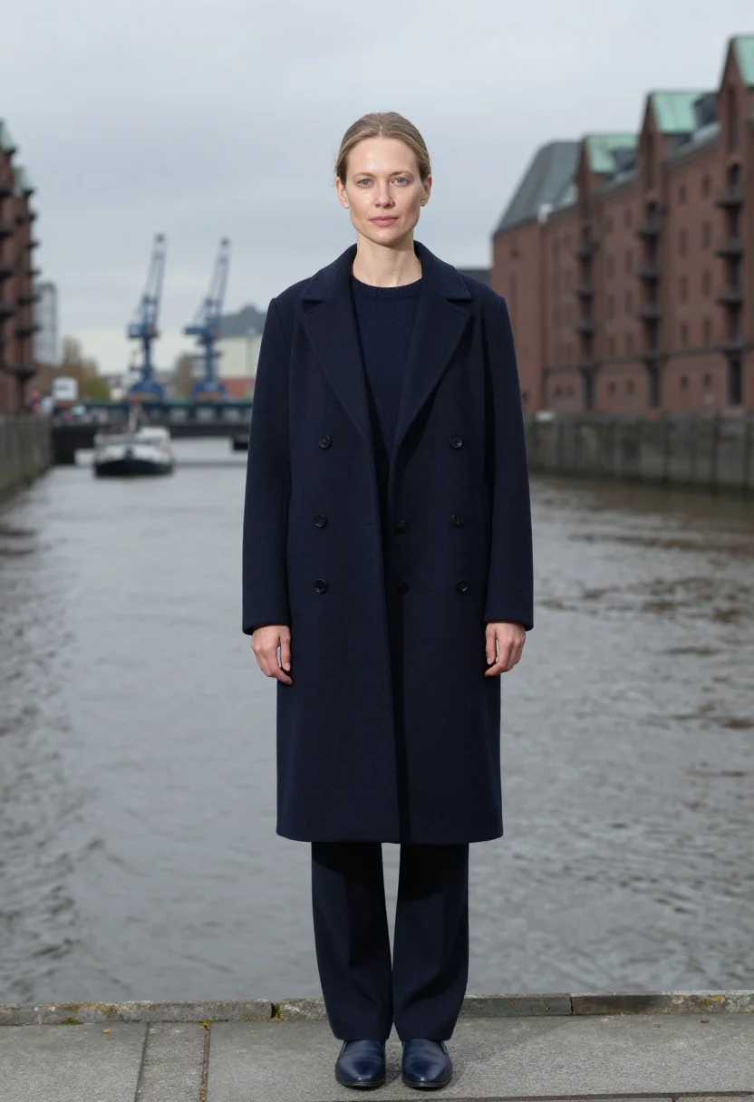 AI jil sander hamburg elbe navy wool sample — portrait of a woman, a German woman in her late twenties wit