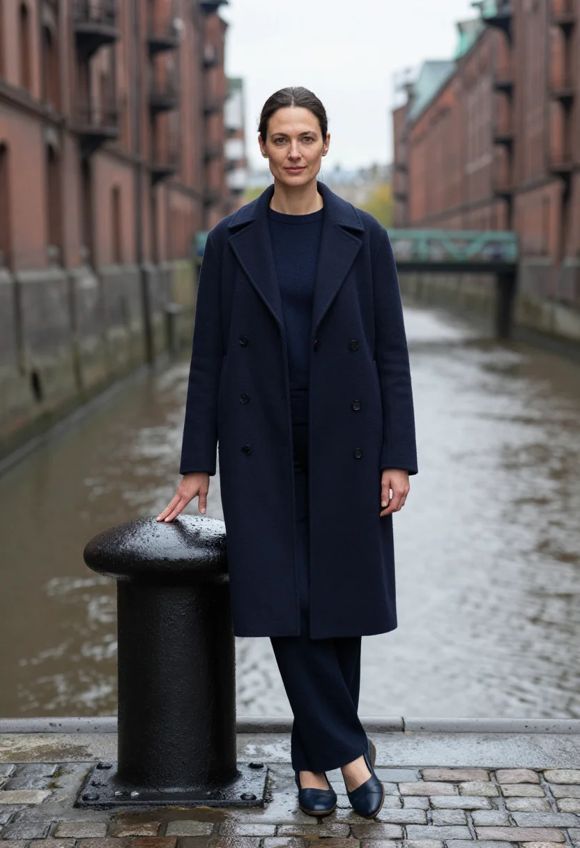 AI jil sander hamburg elbe navy wool sample — portrait of a woman, an Austrian woman in her early forties