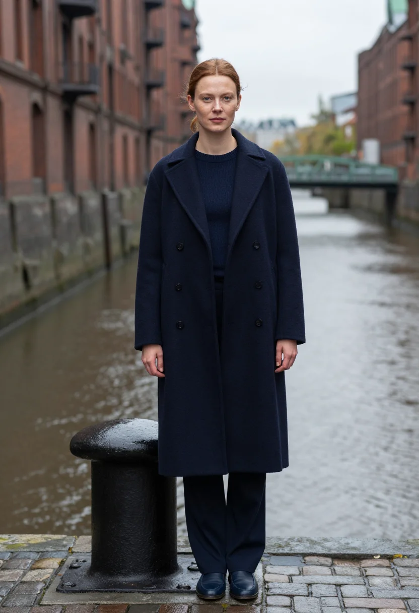 AI jil sander hamburg elbe navy wool sample — portrait of a woman, a Dutch woman in her mid-twenties with