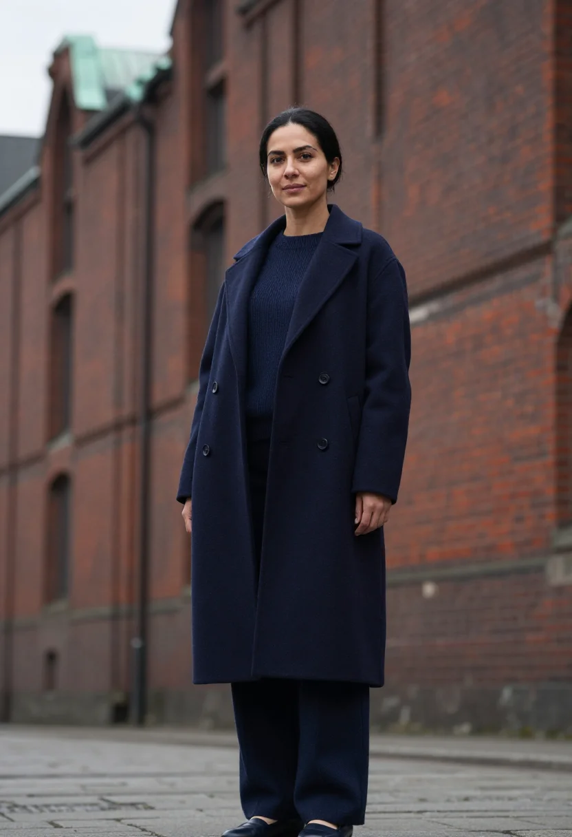 AI jil sander hamburg elbe navy wool sample — portrait of a woman, a German-Turkish woman in her late twen