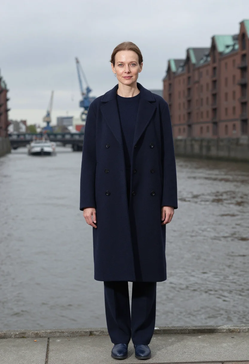 AI jil sander hamburg elbe navy wool sample — portrait of a woman, a Polish woman in her mid-thirties with