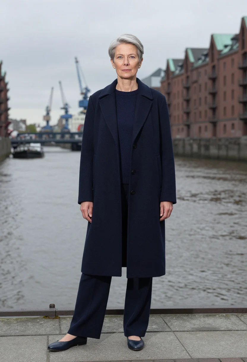 AI jil sander hamburg elbe navy wool sample — portrait of a woman, a German woman in her early fifties wit