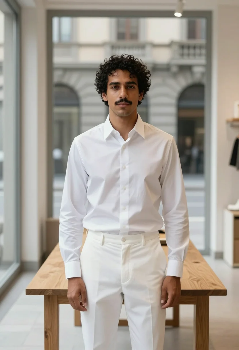 AI jil sander milan via sant andrea white shirt men sample — portrait of a man, an Italian-Moroccan man in his early thir