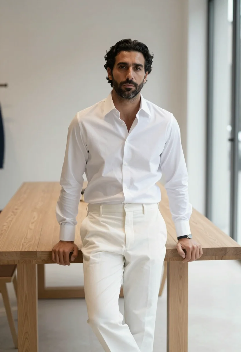 AI jil sander milan via sant andrea white shirt men sample — portrait of a man, an Italian man in his late thirties with