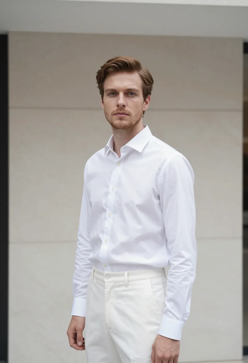 AI jil sander milan via sant andrea white shirt men sample — portrait of a man, an Italian man in his late twenties with