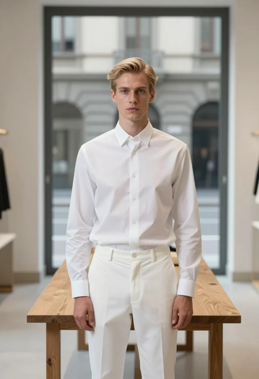 AI jil sander milan via sant andrea white shirt men sample — portrait of a man, a Swiss man in his late twenties with pal