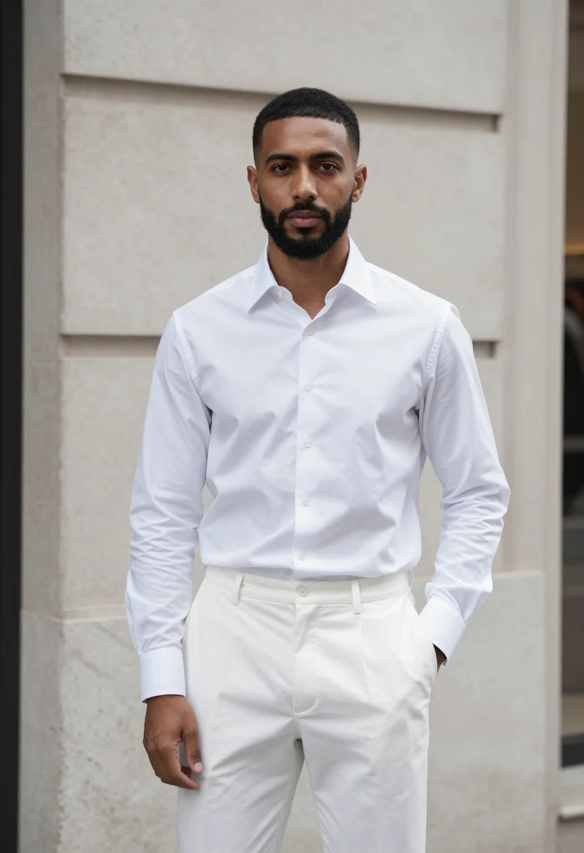 AI jil sander milan via sant andrea white shirt men sample — portrait of a man, an Italian-Eritrean man in his mid-thirti