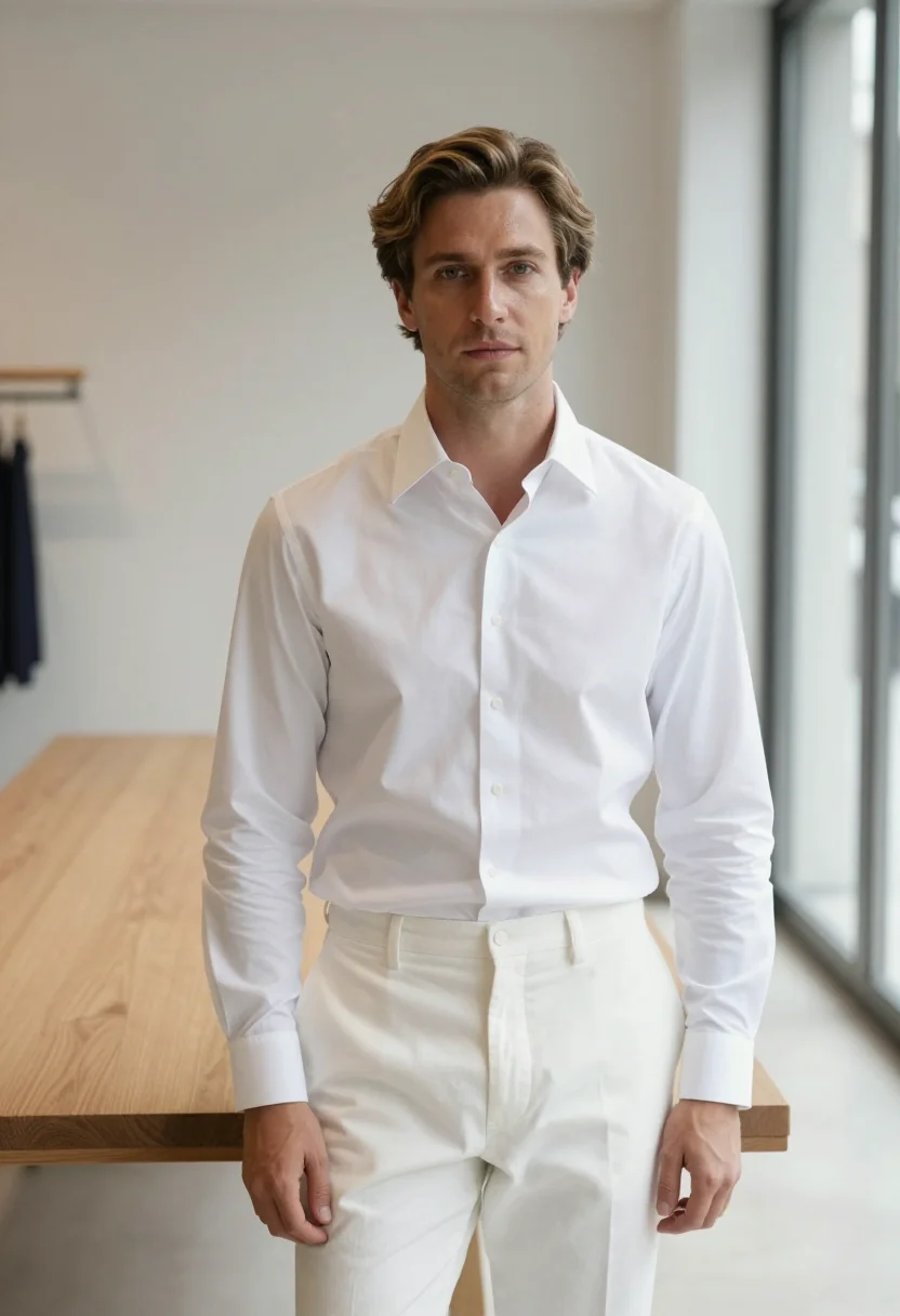 AI jil sander milan via sant andrea white shirt men sample — portrait of a man, a French man in his early thirties with f
