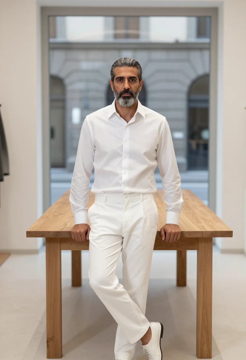 AI jil sander milan via sant andrea white shirt men sample — portrait of a man, a Greek man in his mid-forties with olive