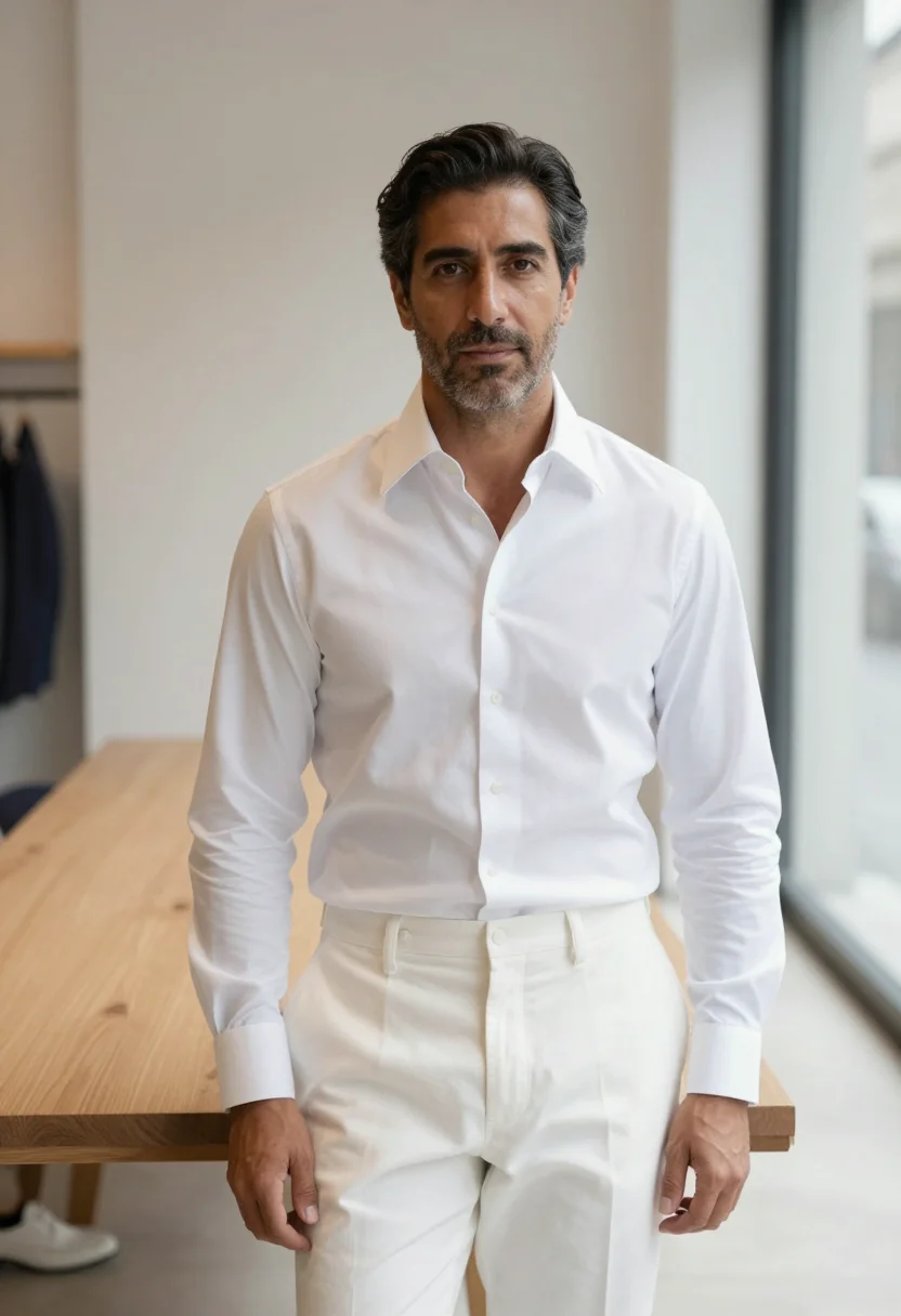 AI jil sander milan via sant andrea white shirt men sample — portrait of a man, a Spanish man in his early forties with w