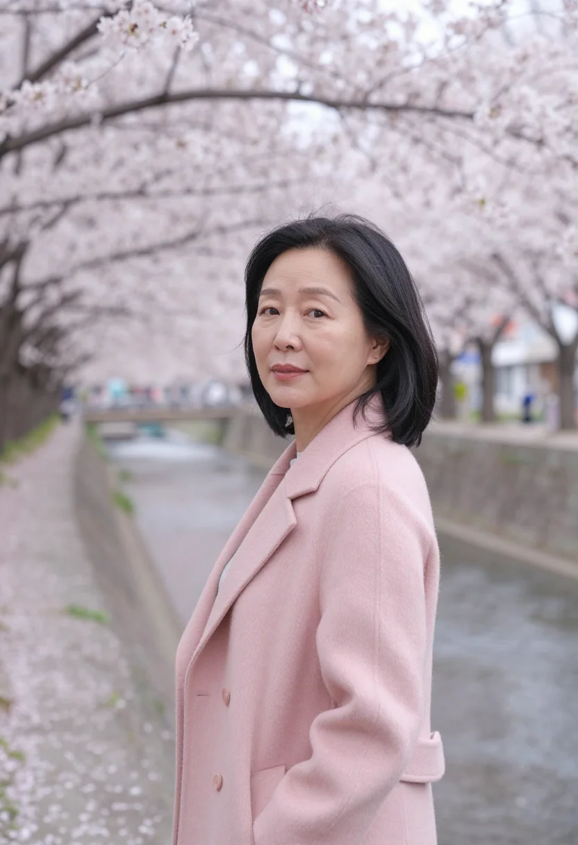 AI jinhae cherry blossom april pink sample — portrait of a woman, a Korean traveller in her forties with