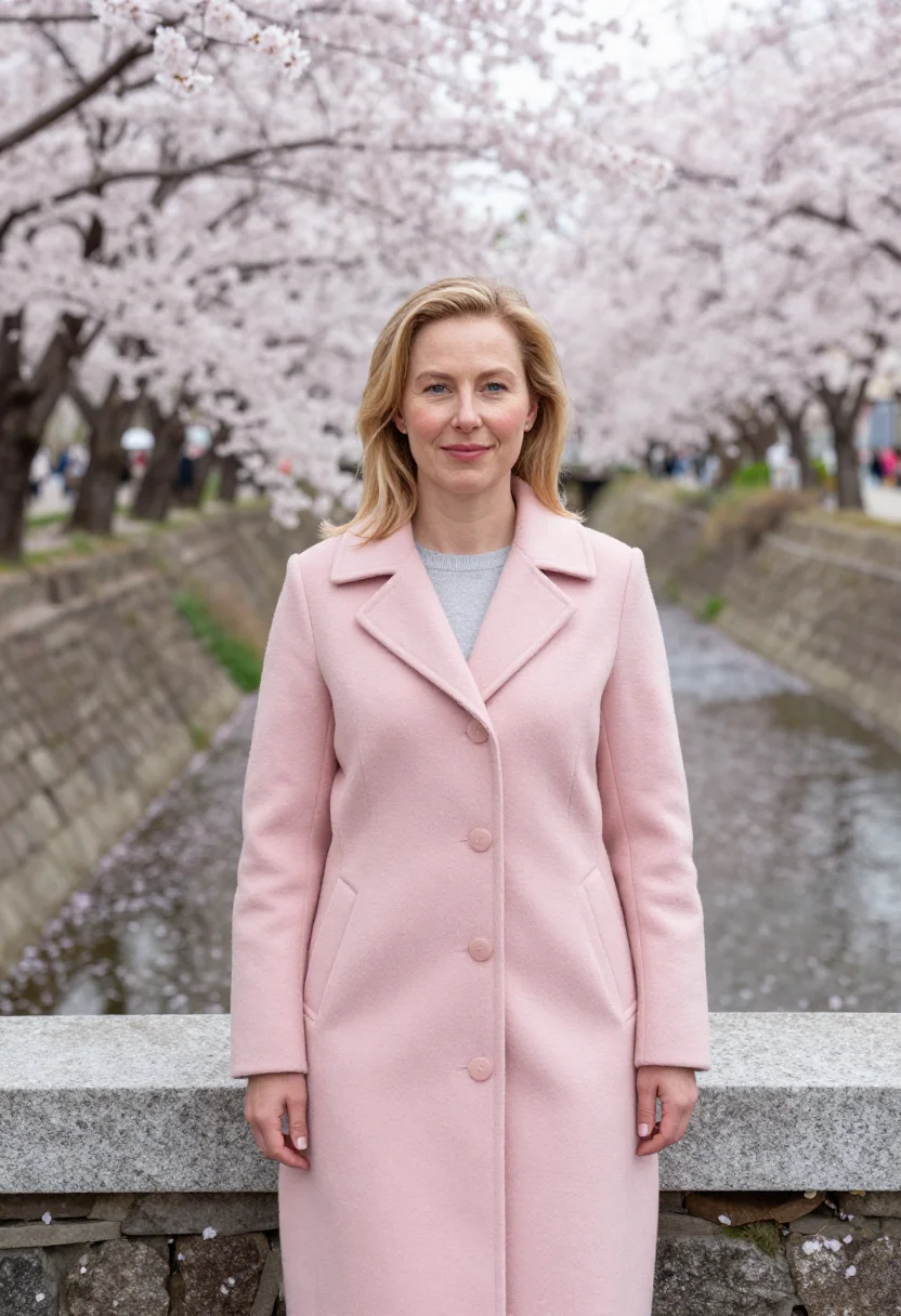 AI jinhae cherry blossom april pink sample — portrait of a woman, an English traveller in her mid-thirtie