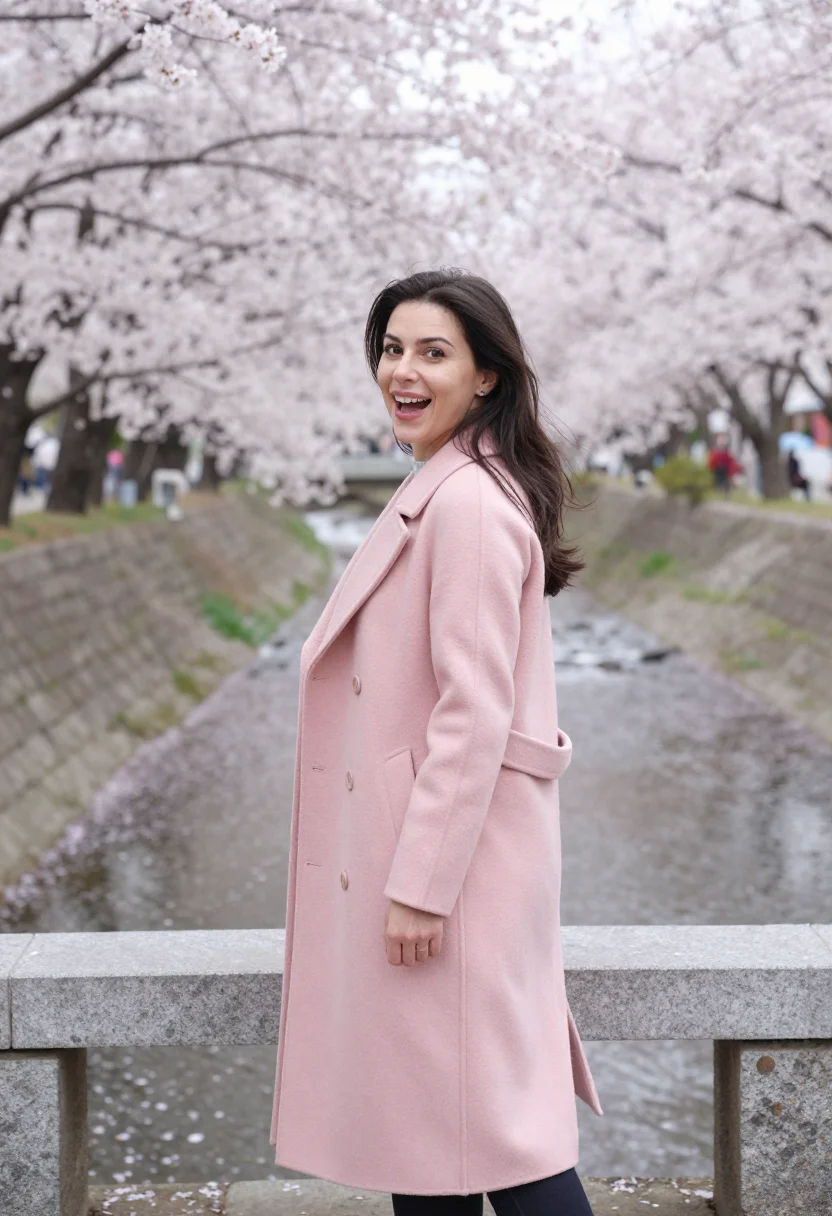 AI jinhae cherry blossom april pink sample — portrait of a woman, an Italian traveller in her thirties wi