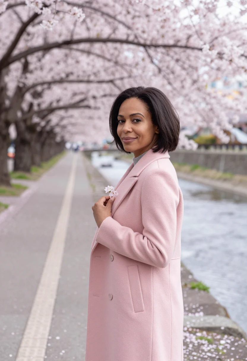 AI jinhae cherry blossom april pink sample — portrait of a woman, a British traveller in her mid-thirties