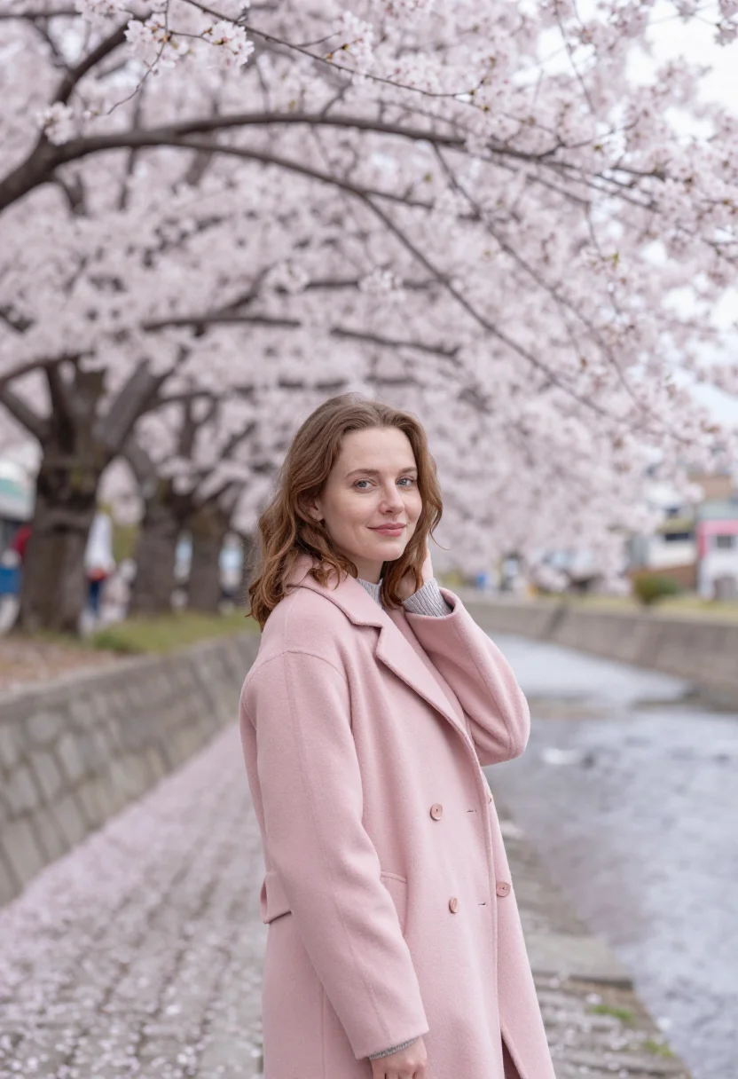 AI jinhae cherry blossom april pink sample — portrait of a woman, a French traveller in her early thirtie