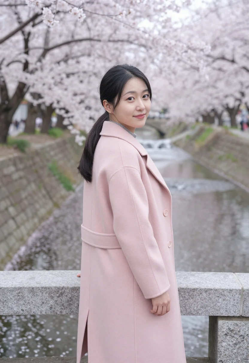 AI jinhae cherry blossom april pink sample — portrait of a woman, a Japanese traveller in her late twenti