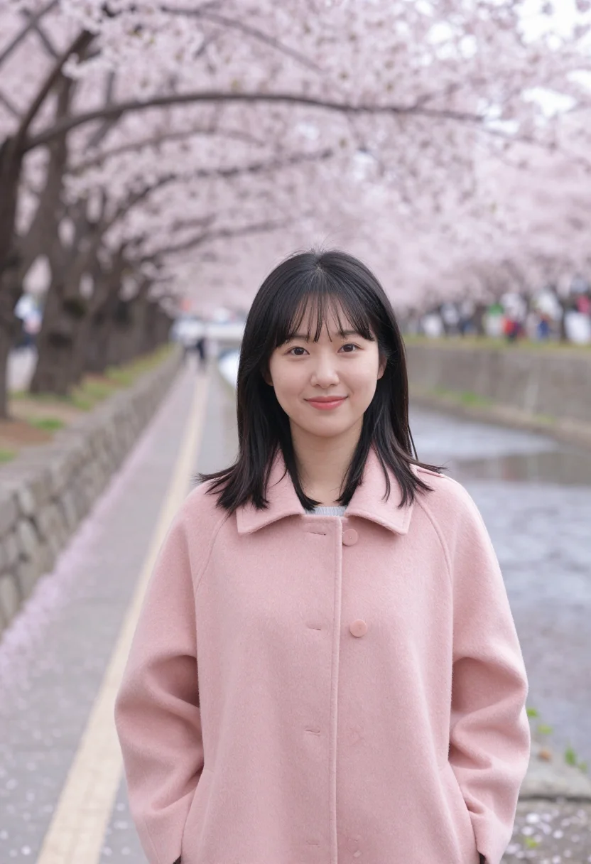 AI jinhae cherry blossom april pink sample — portrait of a woman, a Korean traveller in her early twentie