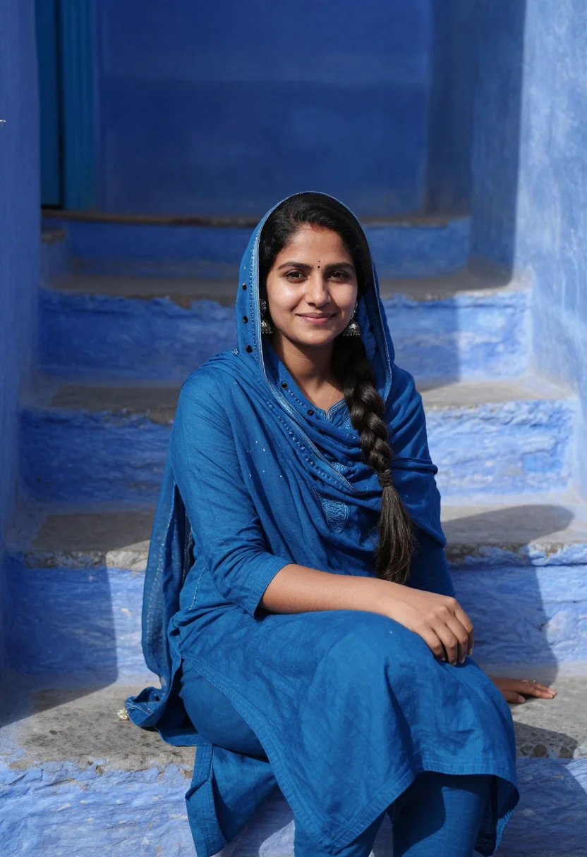 AI jodhpur blue city indigo sample — portrait of a woman, framed half-length from the head to the