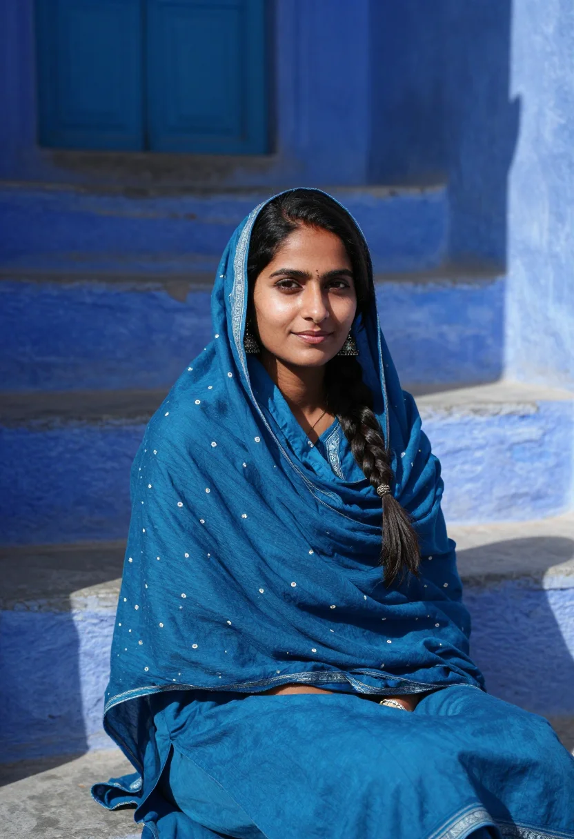 AI jodhpur blue city indigo sample — portrait of a woman, framed tight, head and shoulders, the b