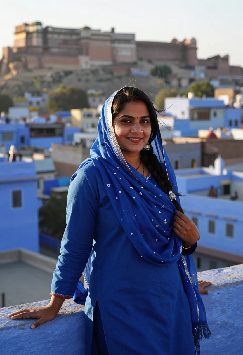 AI jodhpur blue city indigo sample — portrait of a woman, framed half-length from the head to the