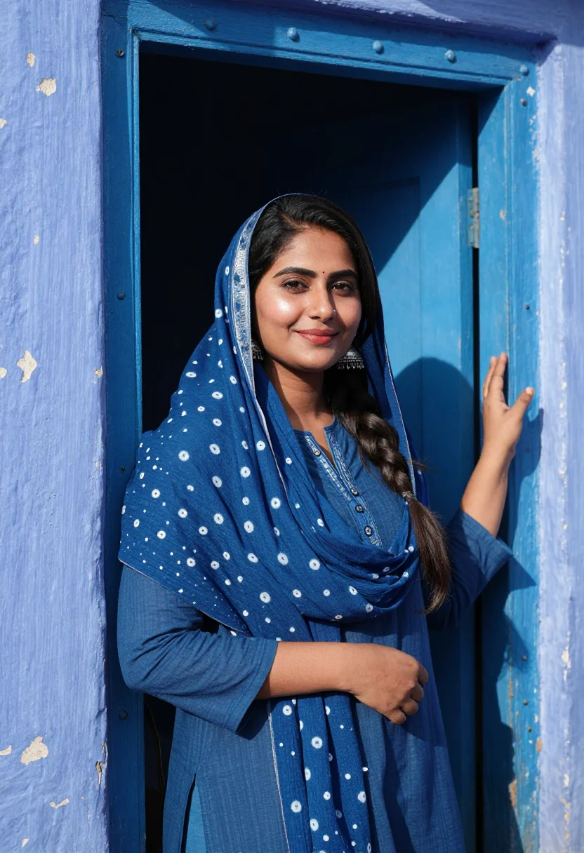 AI jodhpur blue city indigo sample — portrait of a woman, framed half-length from the head to the