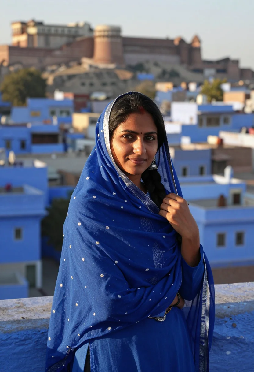 AI jodhpur blue city indigo sample — portrait of a woman, framed chest-up to the ribs, the body c