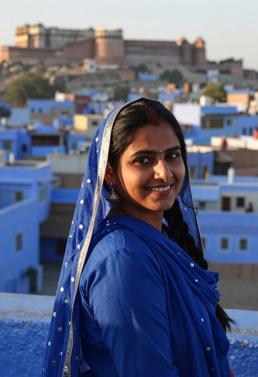 AI jodhpur blue city indigo sample — portrait of a woman, framed tight, head and shoulders, the b