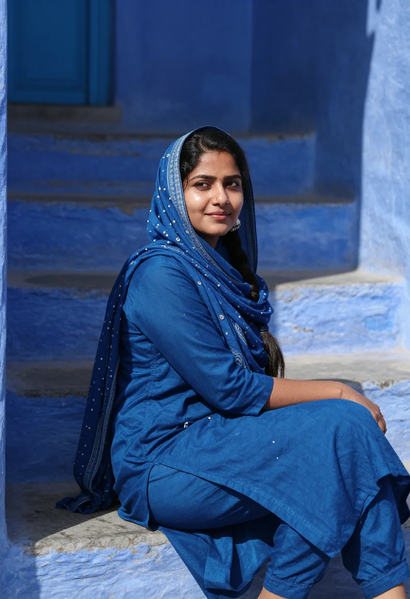 AI jodhpur blue city indigo sample — portrait of a woman, framed chest-up to the ribs, the body c