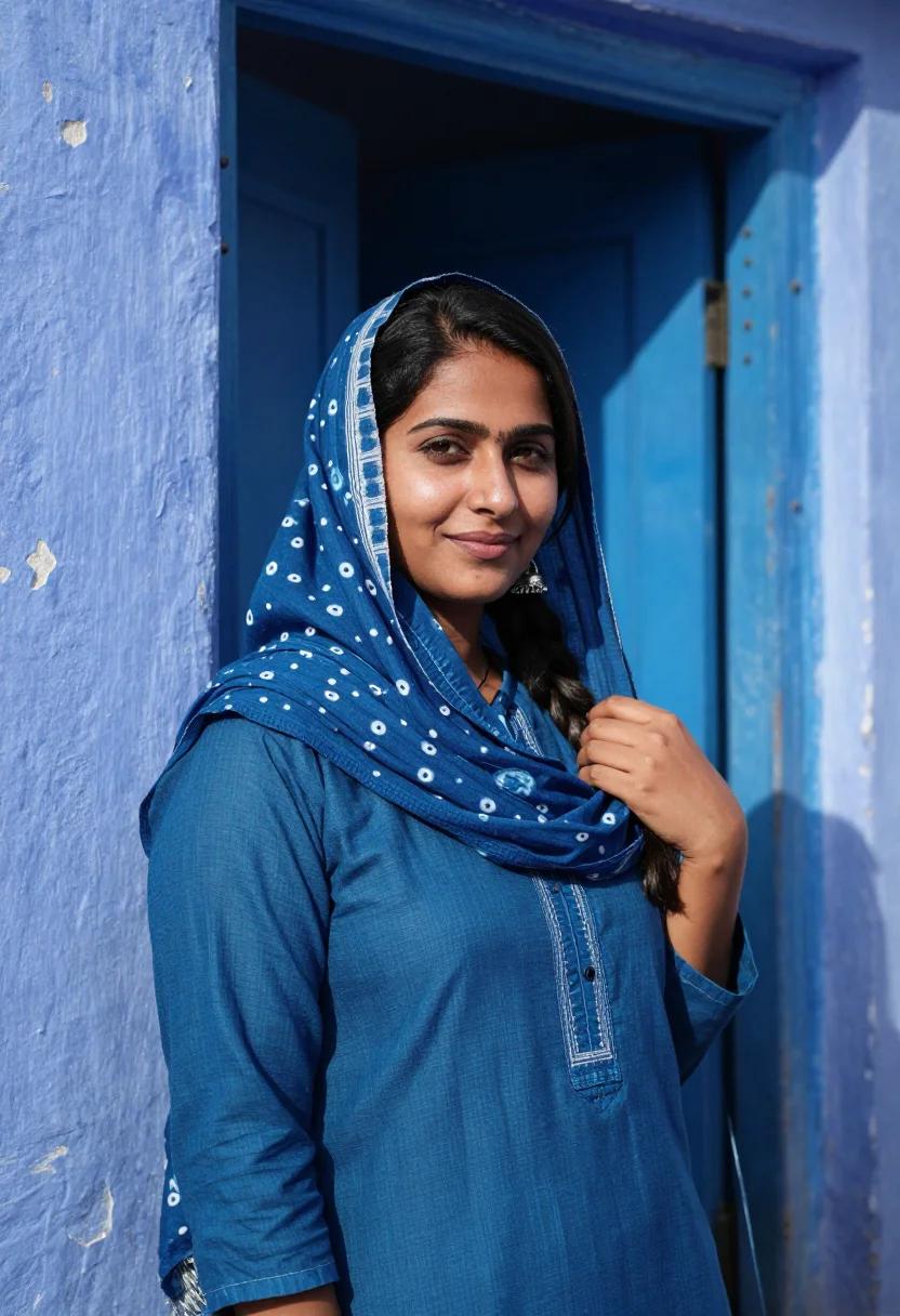 AI jodhpur blue city indigo sample — portrait of a woman, framed chest-up to the ribs, the body c