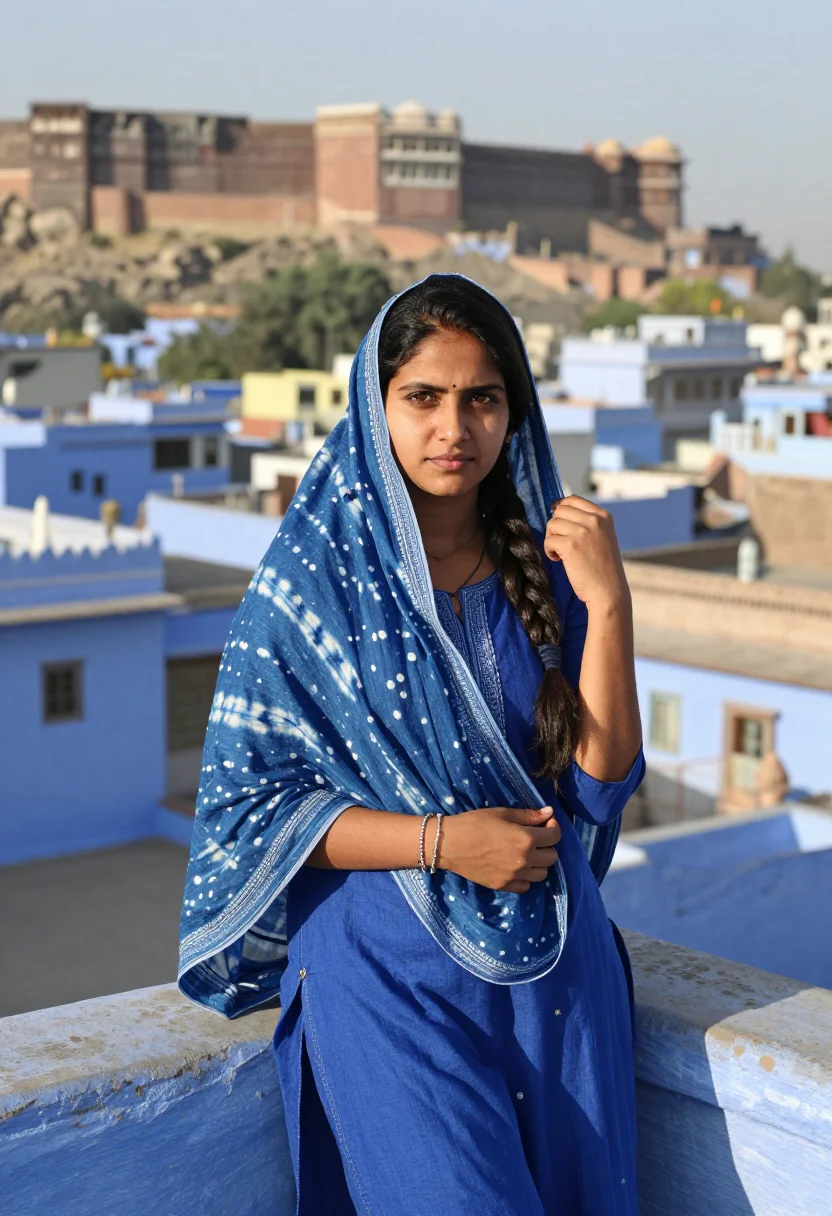 AI jodhpur blue sample — portrait of a woman, half-length portrait of a North Indian
