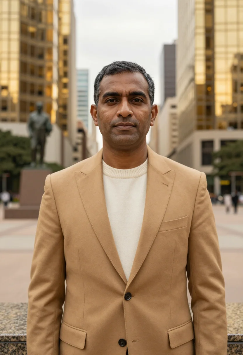 AI johannesburg sandton banker glass gold sample — portrait of a man, a banker in his late forties of Indian So