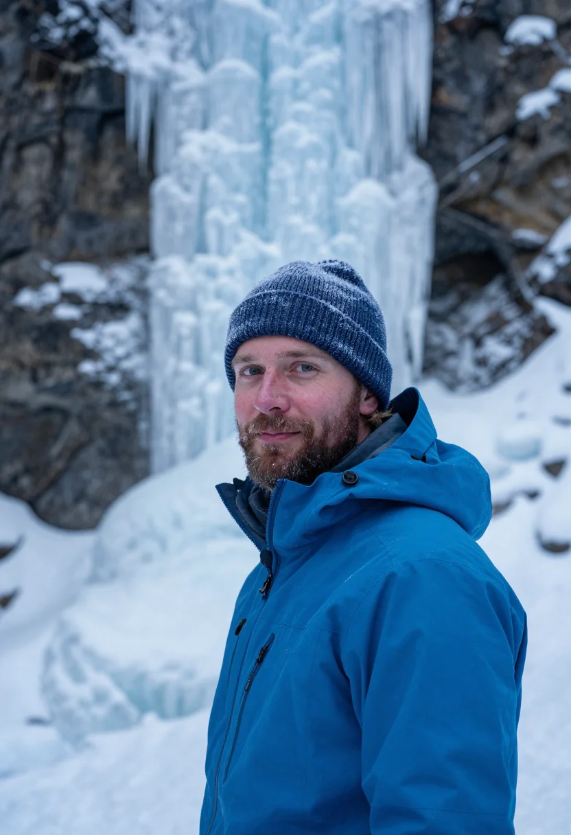 AI johnston canyon ice walk blue sample — portrait of a man, framed chest-up, the crop stopping at the