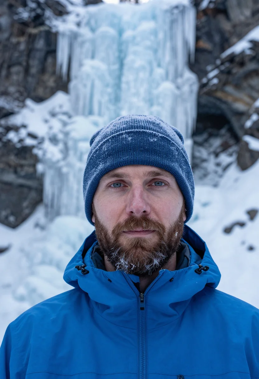 AI johnston canyon ice walk blue sample — portrait of a man, framed tight, head and shoulders, the bod