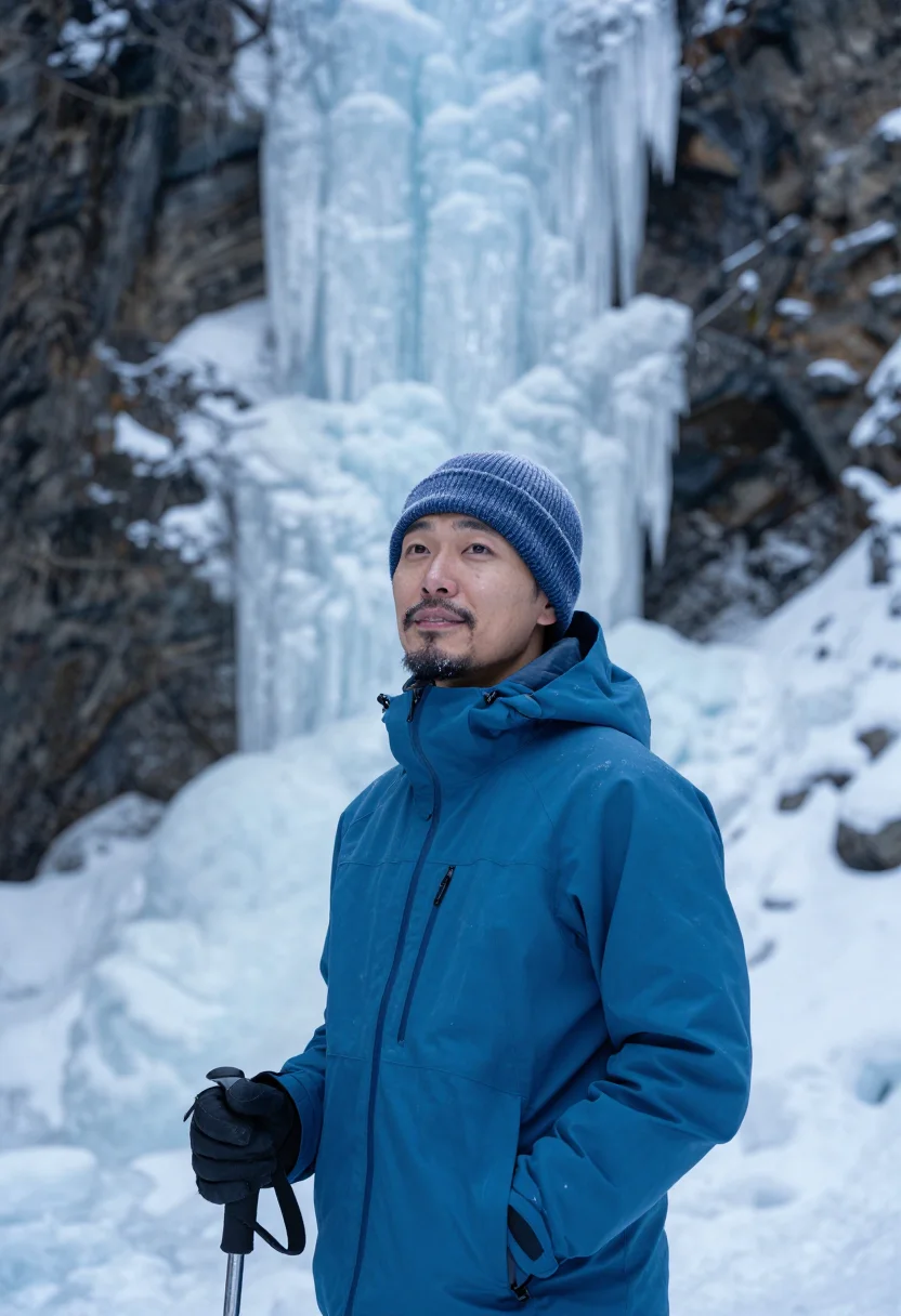 AI johnston canyon ice walk blue sample — portrait of a man, framed half-length, the crop at the waist