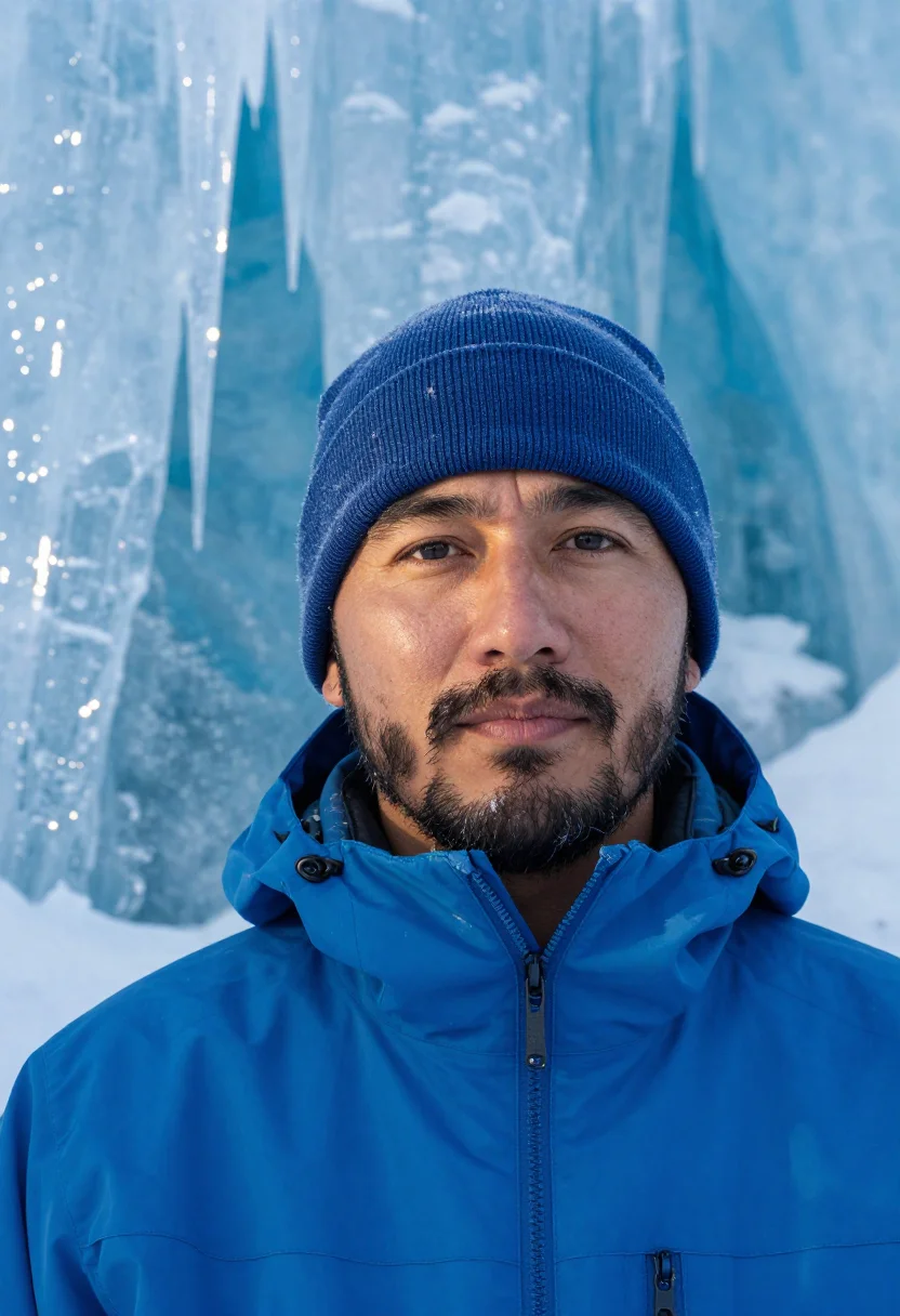 AI johnston canyon ice walk blue sample — portrait of a man, framed tight, head and shoulders, the bod