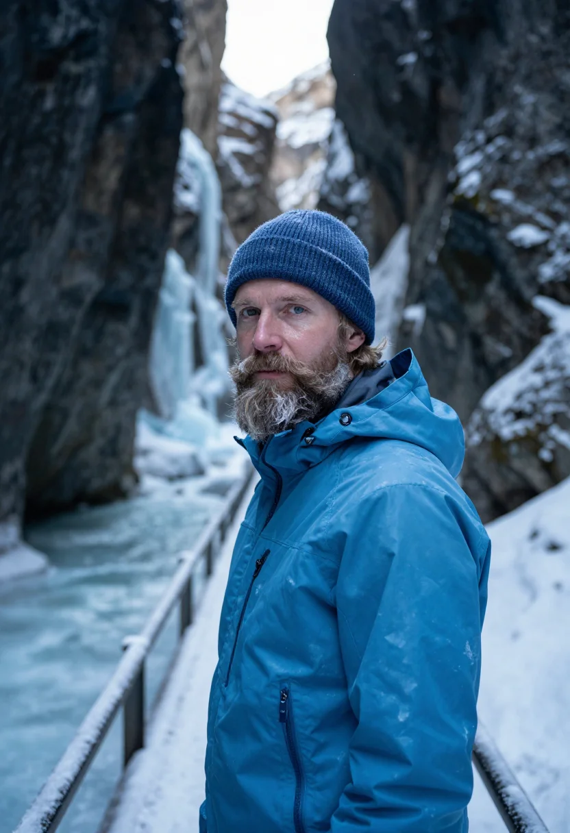 AI johnston canyon ice walk blue sample — portrait of a man, framed chest-up, the crop stopping at the