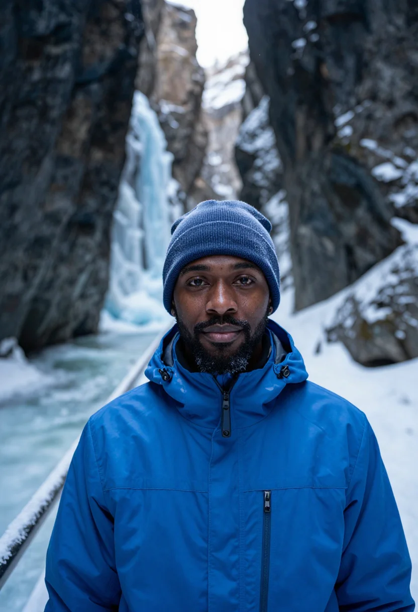 AI johnston canyon ice walk blue sample — portrait of a man, framed tight, head and shoulders, the bod