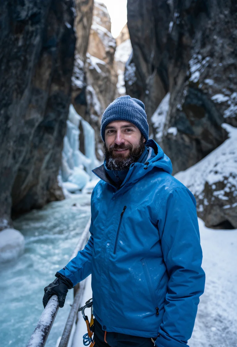 AI johnston canyon ice walk blue sample — portrait of a man, framed half-length, the crop at the waist