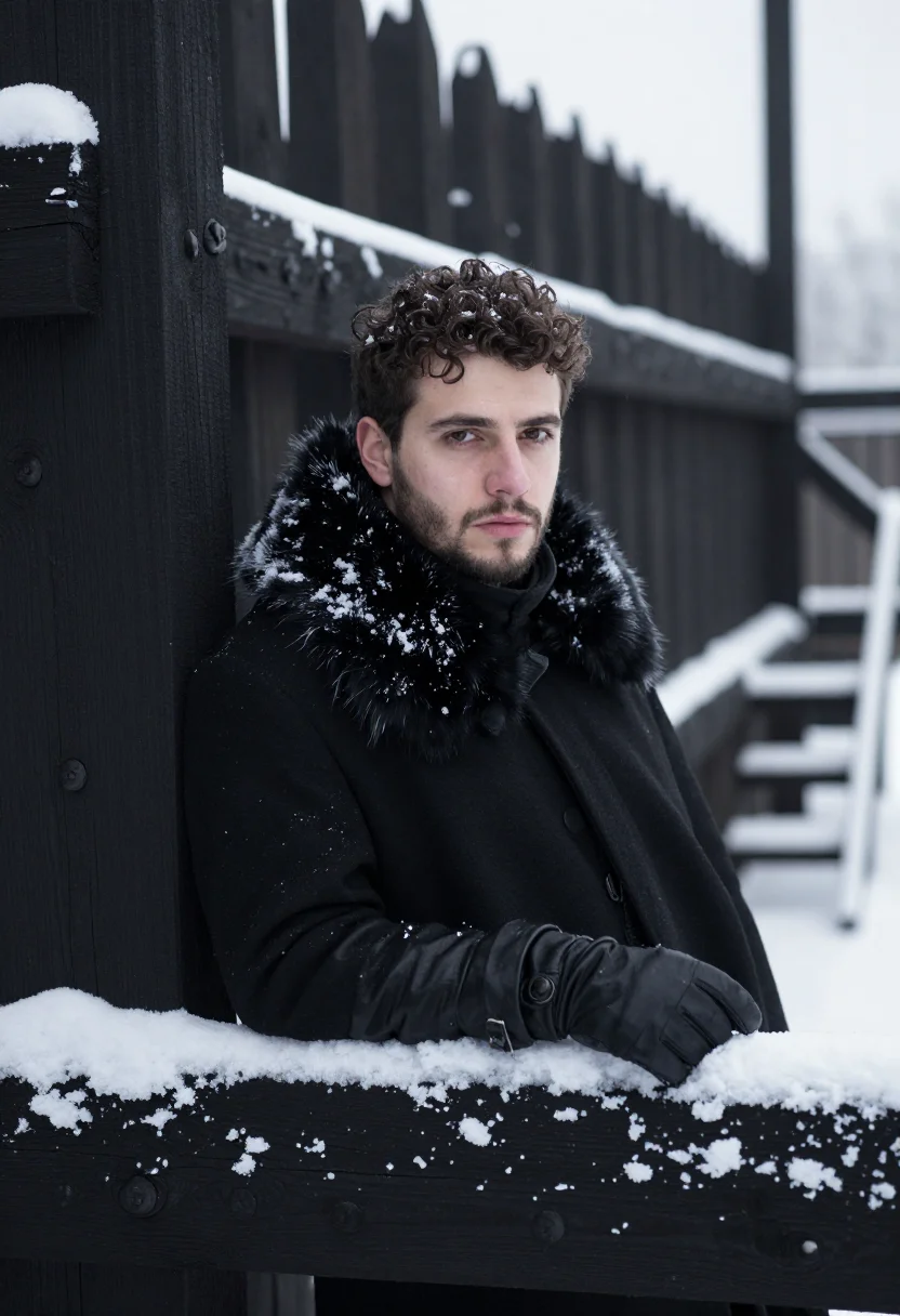 AI jon snow castle black fur sample — portrait of a man, framed chest-up, the crop at the breastbo