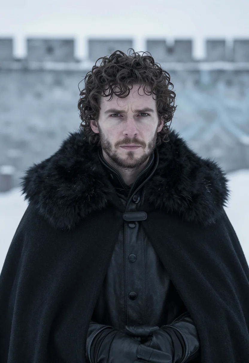AI jon snow castle black fur sample — portrait of a man, framed tight, head and shoulders, the bod