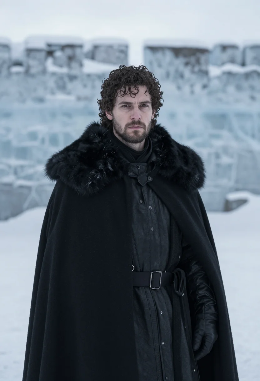 AI jon snow castle black fur sample — portrait of a man, framed half-length from the waist up, the