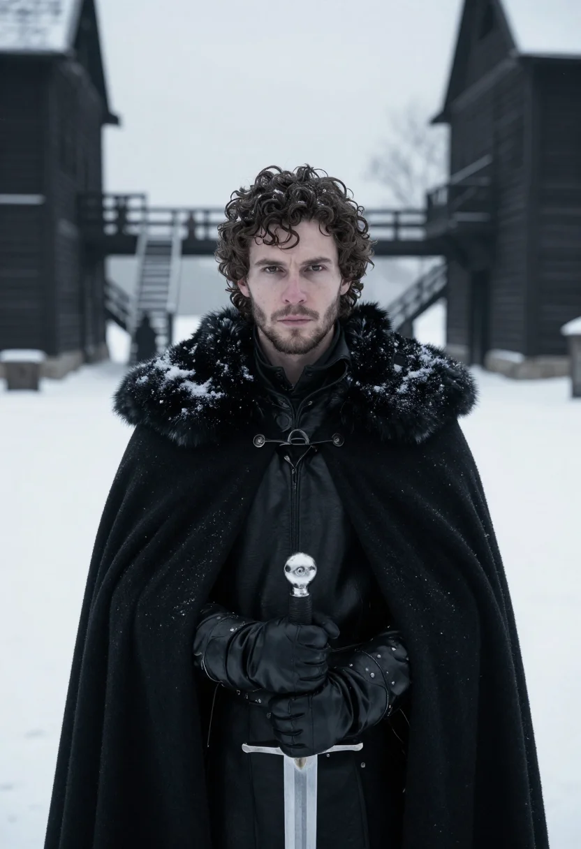 AI jon snow castle black fur sample — portrait of a man, framed tight, head and shoulders, the bod