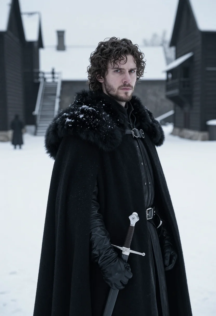 AI jon snow castle black fur sample — portrait of a man, framed chest-up, the crop at the breastbo