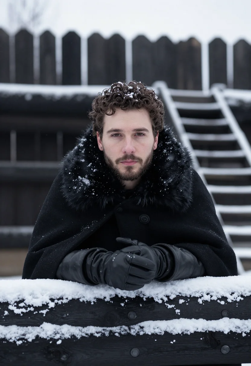 AI jon snow castle black fur sample — portrait of a man, framed tight, head and shoulders, the bod