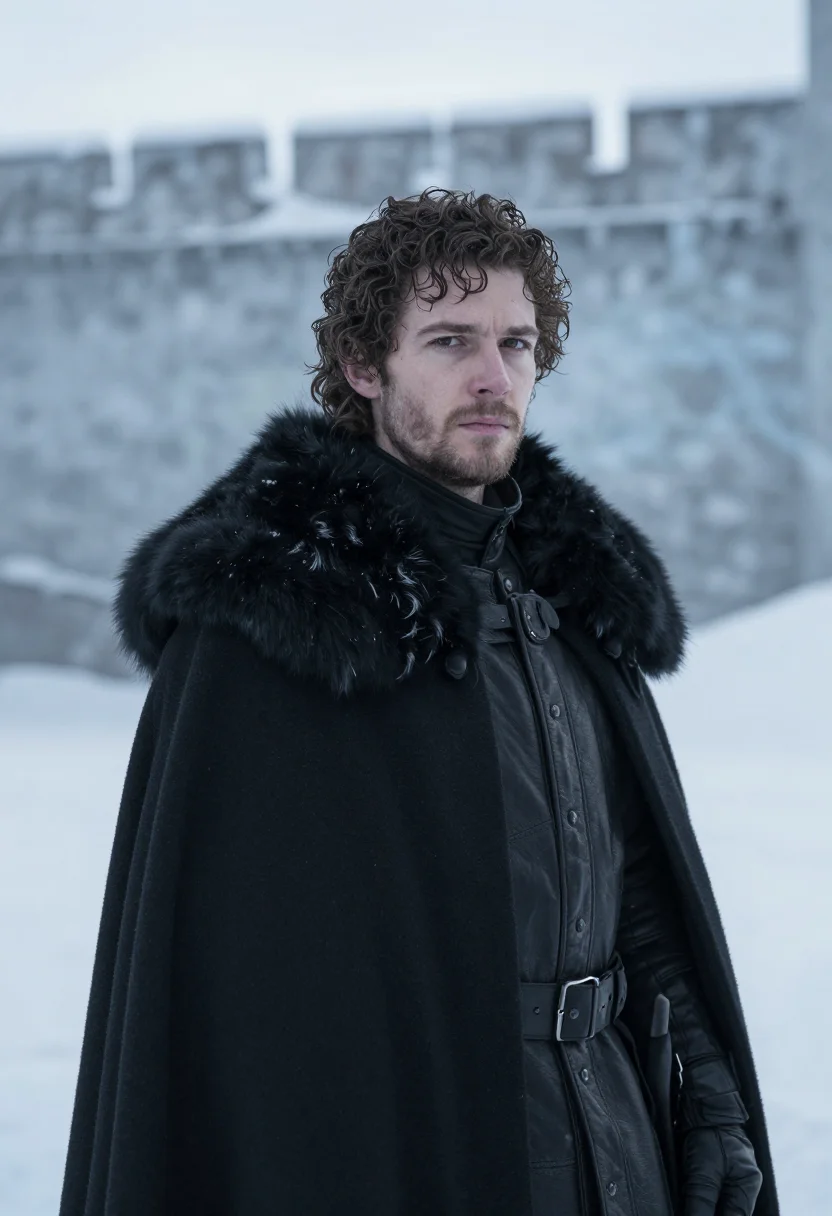 AI jon snow castle black fur sample — portrait of a man, framed chest-up, the crop at the breastbo