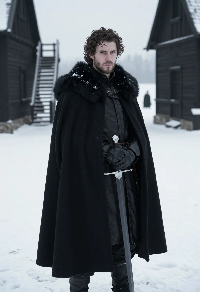 AI jon snow castle black fur sample — portrait of a man, framed three-quarter length from the knee
